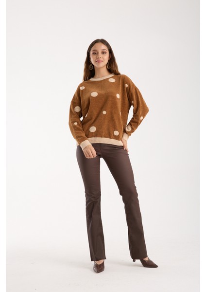 Kadın Taba Puantiyeli Şönil Kadife Bisiklet Yaka Triko Kazak