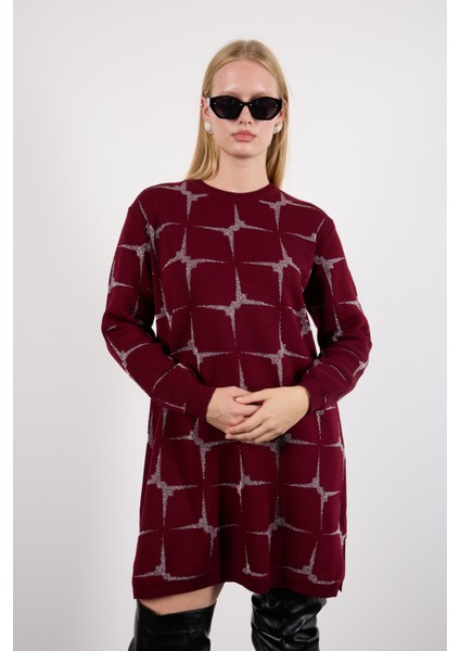 Kadın Bordo Yan Yırtmaçlı Bisiklet Yaka Sim Desenli Triko Bluz