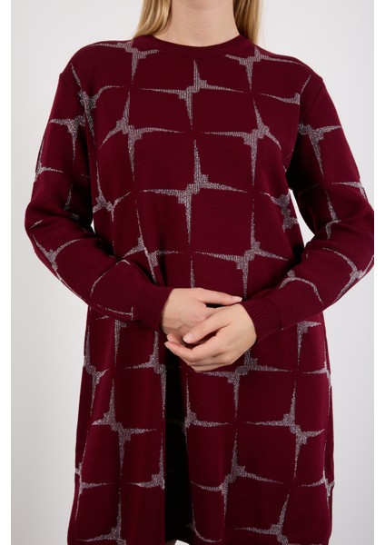 Kadın Bordo Yan Yırtmaçlı Bisiklet Yaka Sim Desenli Triko Bluz modelleri