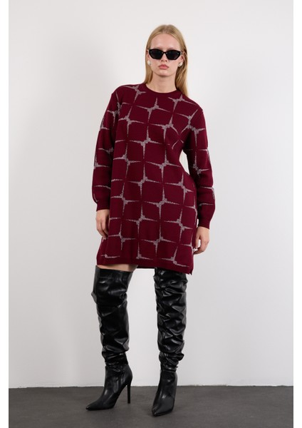 Kadın Bordo Yan Yırtmaçlı Bisiklet Yaka Sim Desenli Triko Bluz fırsatları