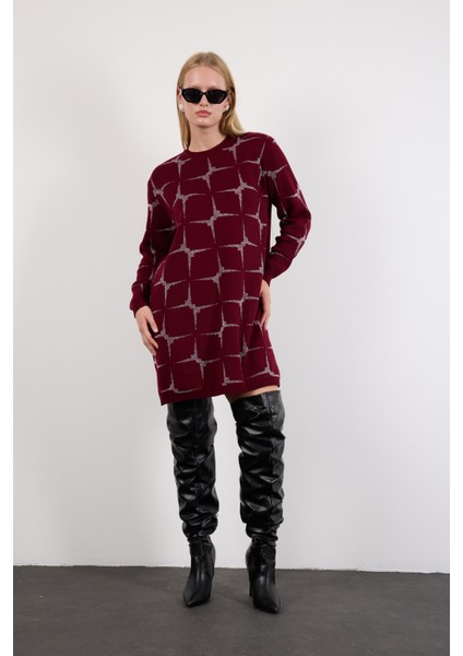 Kadın Bordo Yan Yırtmaçlı Bisiklet Yaka Sim Desenli Triko Bluz indirimleri