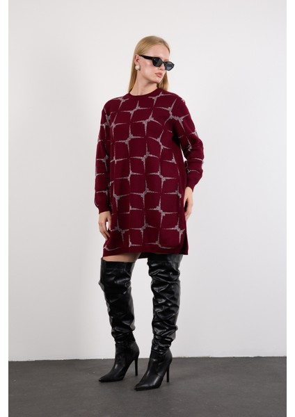 Kadın Bordo Yan Yırtmaçlı Bisiklet Yaka Sim Desenli Triko Bluz