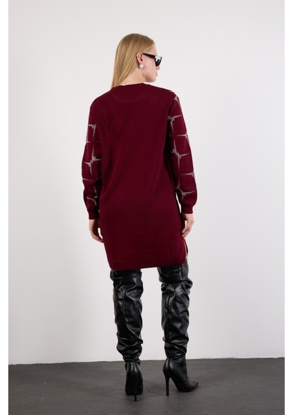 Kadın Bordo Yan Yırtmaçlı Bisiklet Yaka Sim Desenli Triko Bluz