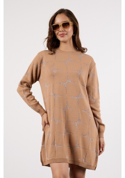 Kadın Bej Yan Yırtmaçlı Bisiklet Yaka Sim Desenli Triko Bluz