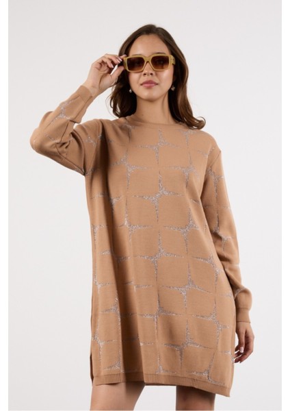 Kadın Bej Yan Yırtmaçlı Bisiklet Yaka Sim Desenli Triko Bluz fiyatları