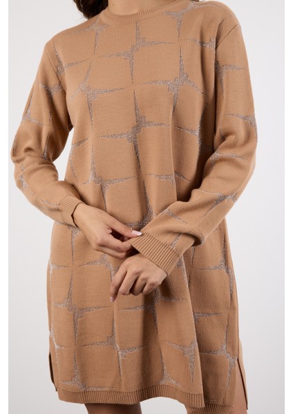 Kadın Bej Yan Yırtmaçlı Bisiklet Yaka Sim Desenli Triko Bluz modelleri