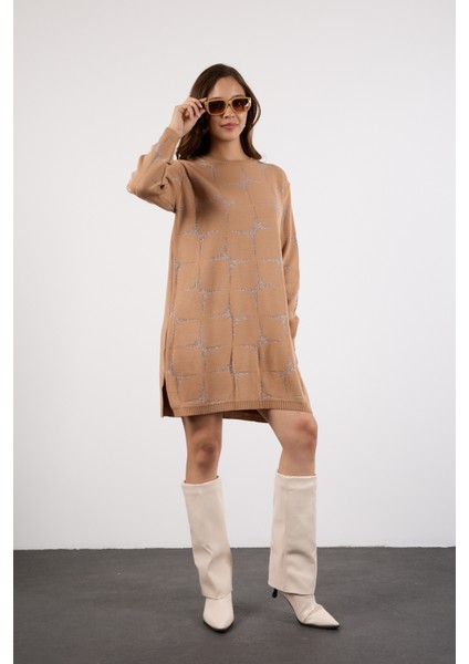Kadın Bej Yan Yırtmaçlı Bisiklet Yaka Sim Desenli Triko Bluz