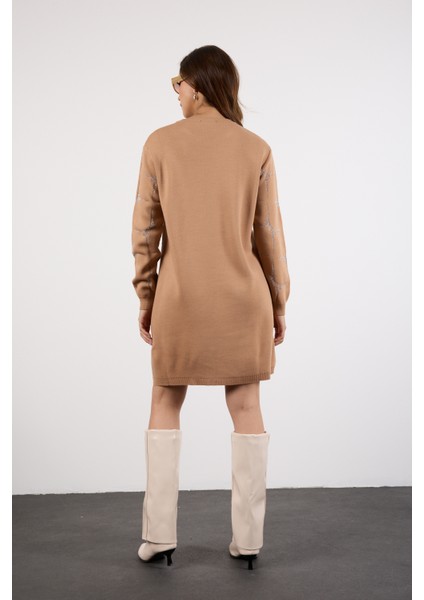 Kadın Bej Yan Yırtmaçlı Bisiklet Yaka Sim Desenli Triko Bluz