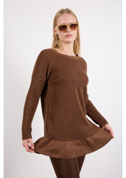 Kadın Kahve Reglan Kollu Fırfırlı Etek Ucu Simli Triko Kazak