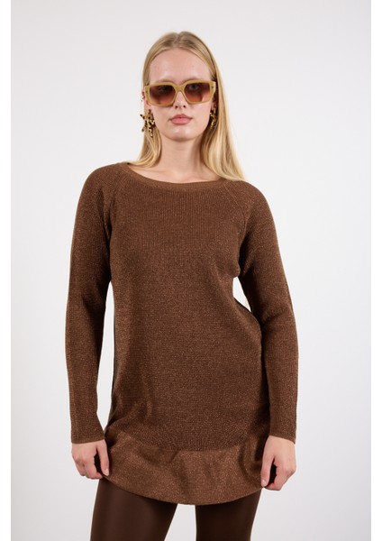 Kadın Kahve Reglan Kollu Fırfırlı Etek Ucu Simli Triko Kazak fiyatları