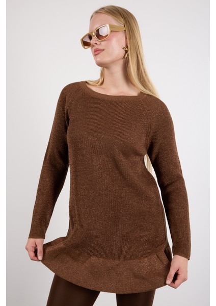 Kadın Kahve Reglan Kollu Fırfırlı Etek Ucu Simli Triko Kazak modelleri