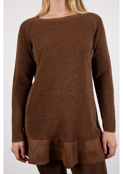 Kadın Kahve Reglan Kollu Fırfırlı Etek Ucu Simli Triko Kazak fırsatları