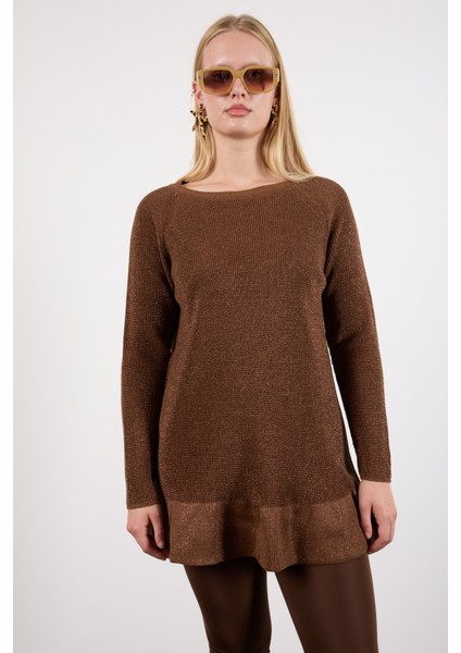 Kadın Kahve Reglan Kollu Fırfırlı Etek Ucu Simli Triko Kazak indirimleri