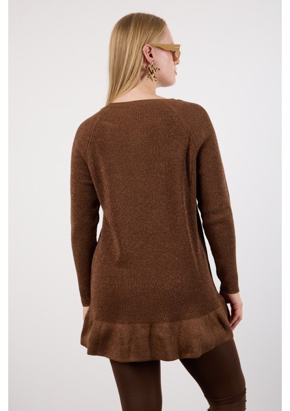 Kadın Kahve Reglan Kollu Fırfırlı Etek Ucu Simli Triko Kazak