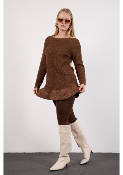 Kadın Kahve Reglan Kollu Fırfırlı Etek Ucu Simli Triko Kazak