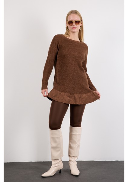 Kadın Kahve Reglan Kollu Fırfırlı Etek Ucu Simli Triko Kazak