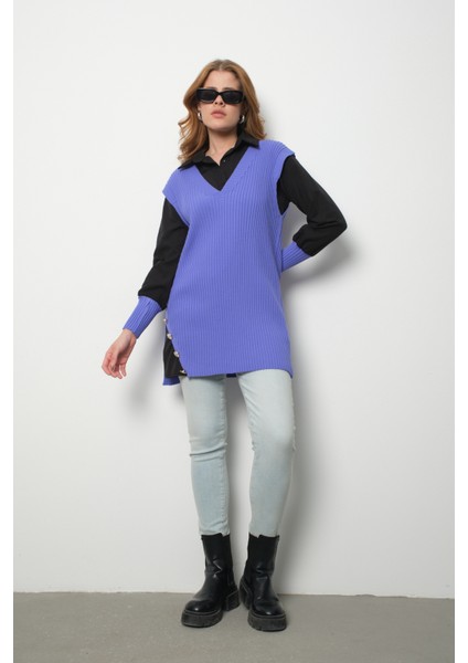 Fitilli Triko Süveterli Gömlek Ikili Kombin