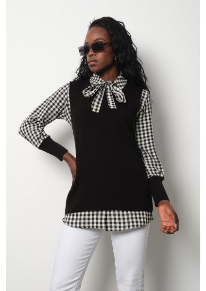 Fitilli Triko Süveter ve Kareli Gömlek Ikili Kombin