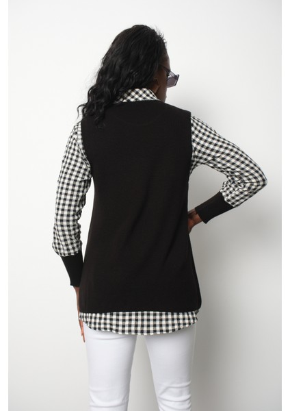 Fitilli Triko Süveter ve Kareli Gömlek Ikili Kombin