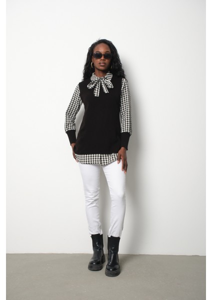 Fitilli Triko Süveter ve Kareli Gömlek Ikili Kombin