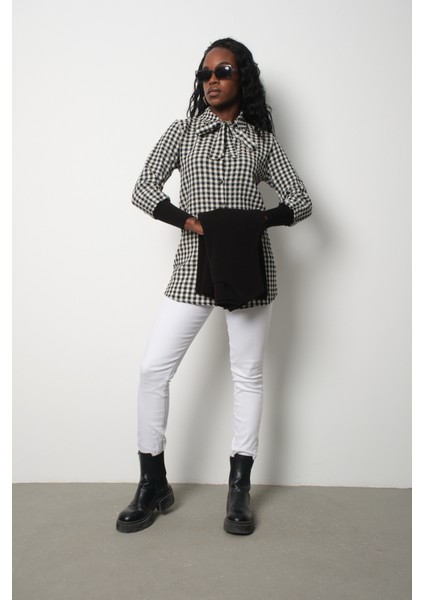 Fitilli Triko Süveter ve Kareli Gömlek Ikili Kombin