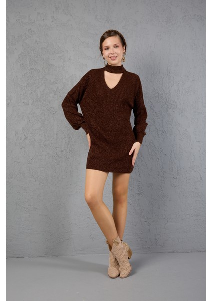 Kadın Acı Kahve Simli Selanik Örgü Reglan Balon Kollu Choker Yaka Triko Kazak fiyatları