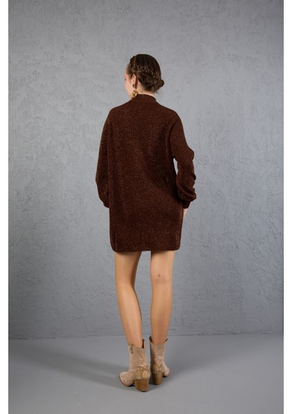 Kadın Acı Kahve Simli Selanik Örgü Reglan Balon Kollu Choker Yaka Triko Kazak modelleri