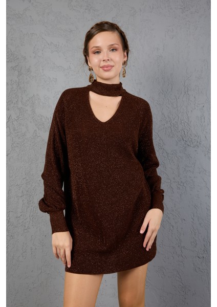 Kadın Acı Kahve Simli Selanik Örgü Reglan Balon Kollu Choker Yaka Triko Kazak indirimleri