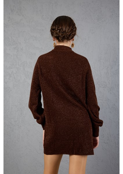 Kadın Acı Kahve Simli Selanik Örgü Reglan Balon Kollu Choker Yaka Triko Kazak