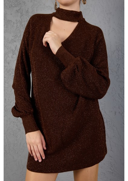 Kadın Acı Kahve Simli Selanik Örgü Reglan Balon Kollu Choker Yaka Triko Kazak
