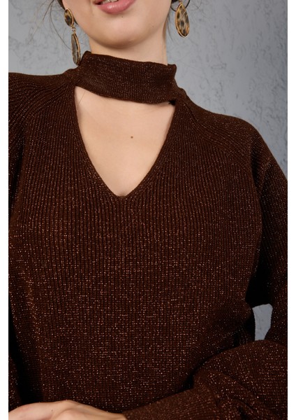 Kadın Acı Kahve Simli Selanik Örgü Reglan Balon Kollu Choker Yaka Triko Kazak