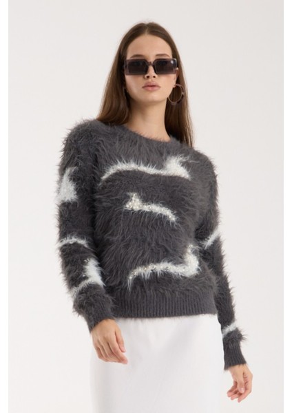 Kadın Füme Sakal Iplik Inci Detaylı Bisiklet Yaka Triko Kazak