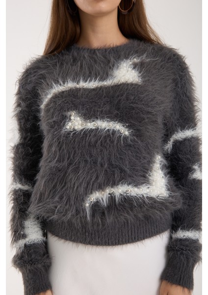 Kadın Füme Sakal Iplik Inci Detaylı Bisiklet Yaka Triko Kazak modelleri