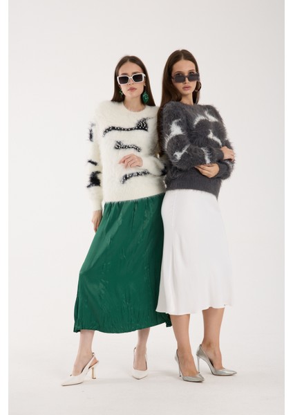 Kadın Füme Sakal Iplik Inci Detaylı Bisiklet Yaka Triko Kazak