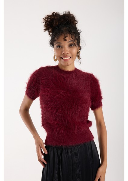 Kadın Bordo Sakal Iplik Kısa Kollu Bisiklet Yaka Triko Kazak