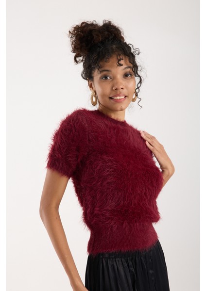 Kadın Bordo Sakal Iplik Kısa Kollu Bisiklet Yaka Triko Kazak fiyatları