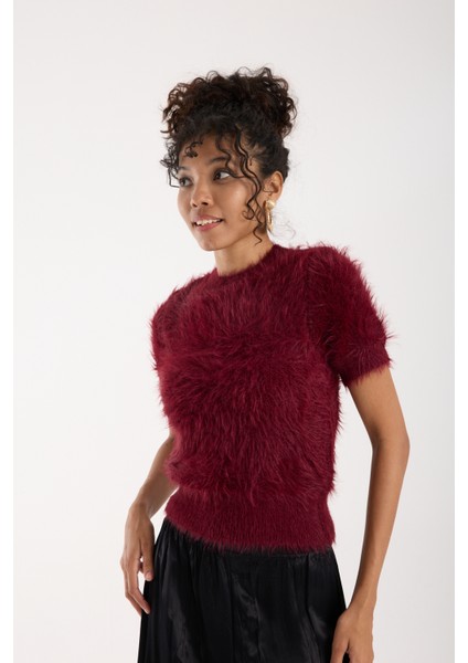 Kadın Bordo Sakal Iplik Kısa Kollu Bisiklet Yaka Triko Kazak modelleri