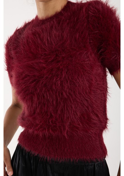 Kadın Bordo Sakal Iplik Kısa Kollu Bisiklet Yaka Triko Kazak fırsatları