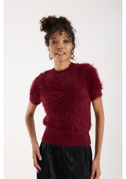 Kadın Bordo Sakal Iplik Kısa Kollu Bisiklet Yaka Triko Kazak indirimleri