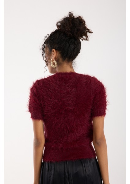 Kadın Bordo Sakal Iplik Kısa Kollu Bisiklet Yaka Triko Kazak