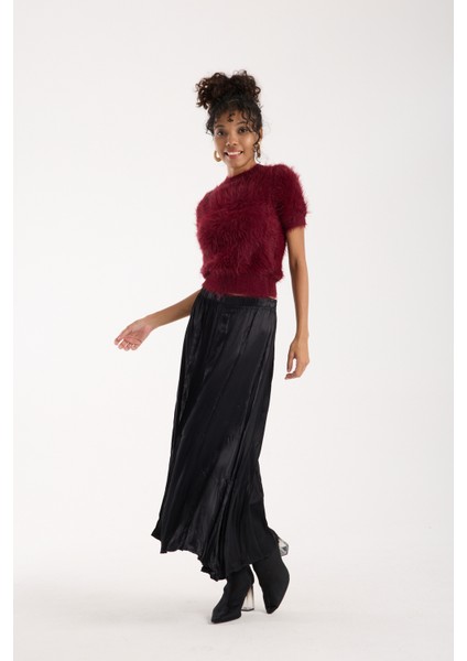 Kadın Bordo Sakal Iplik Kısa Kollu Bisiklet Yaka Triko Kazak