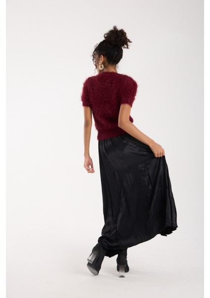 Kadın Bordo Sakal Iplik Kısa Kollu Bisiklet Yaka Triko Kazak