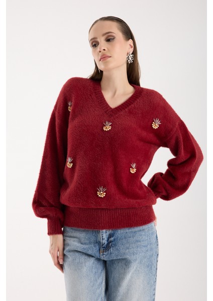 Kadın Bordo Sakal Iplik Önü Aksesuarlı Balon Kollu V Yaka Triko Kazak fiyatları