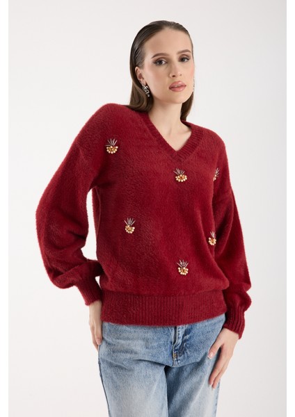 Kadın Bordo Sakal Iplik Önü Aksesuarlı Balon Kollu V Yaka Triko Kazak fırsatları