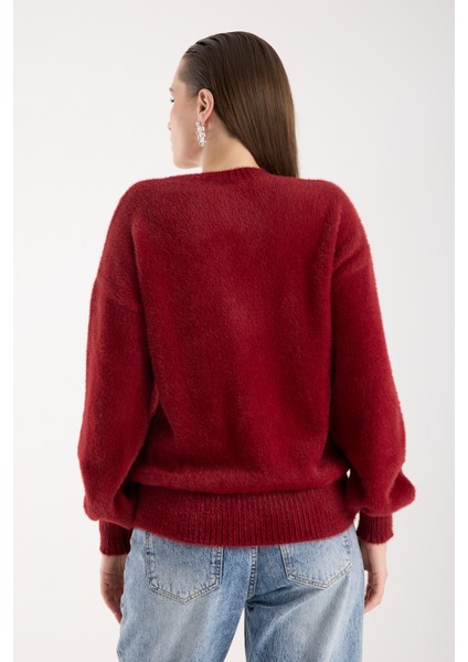 Kadın Bordo Sakal Iplik Önü Aksesuarlı Balon Kollu V Yaka Triko Kazak indirimleri