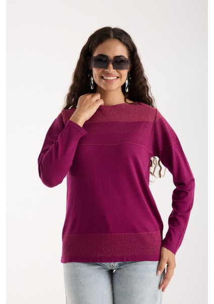 Kadın Mürdüm Viskon Kumaş Kayık Yaka Simli Triko Bluz