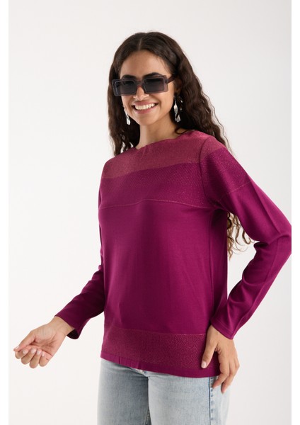 Kadın Mürdüm Viskon Kumaş Kayık Yaka Simli Triko Bluz fiyatları