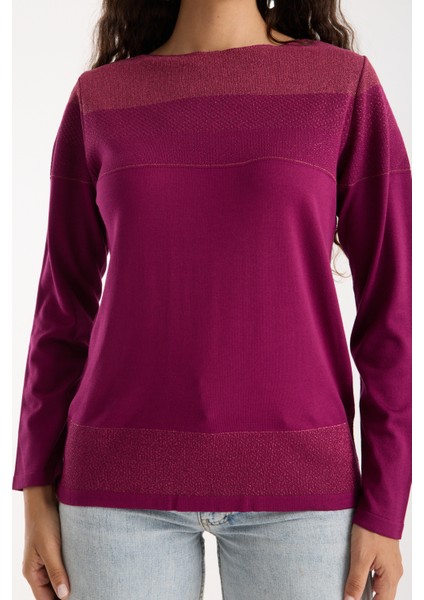 Kadın Mürdüm Viskon Kumaş Kayık Yaka Simli Triko Bluz modelleri