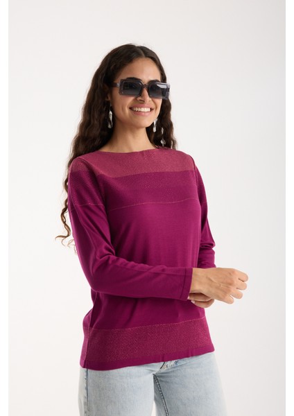Kadın Mürdüm Viskon Kumaş Kayık Yaka Simli Triko Bluz fırsatları