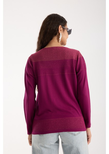 Kadın Mürdüm Viskon Kumaş Kayık Yaka Simli Triko Bluz indirimleri